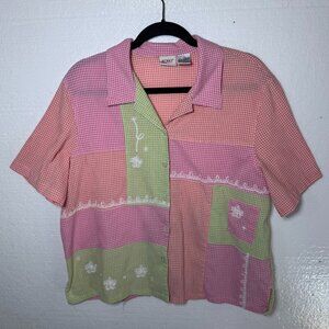 Vintage Koret Womens XL Pastel Embroidered Patch Button Front Shirt Cottagecore